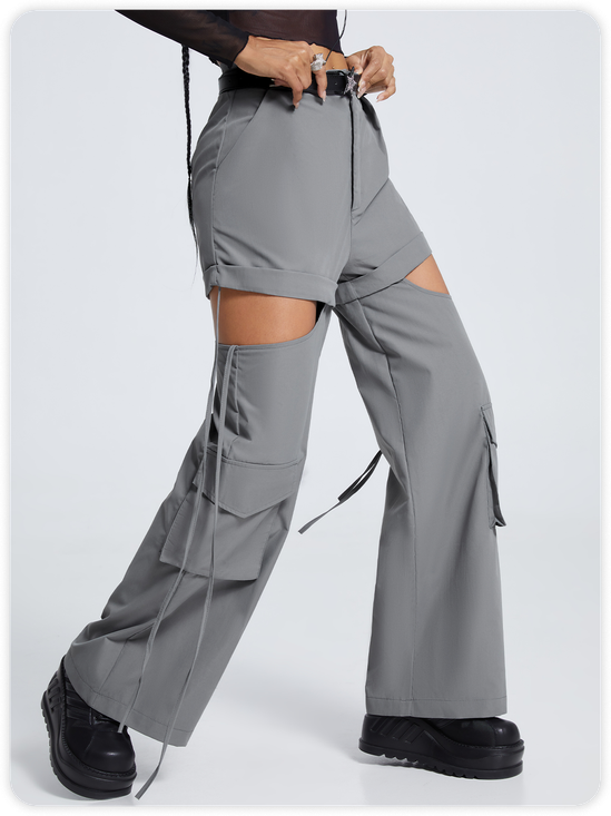 Street Gray Cut Out Lace Up Bottom Pants