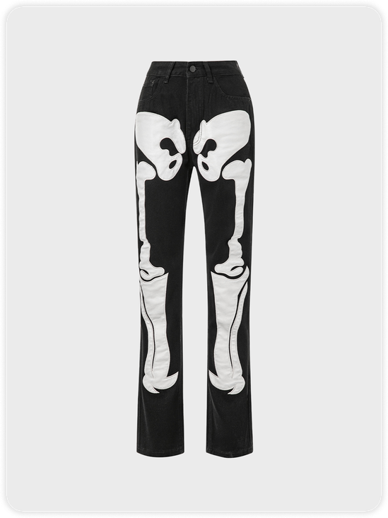 【hot】 Personality Skull Print Straight-leg Jeans