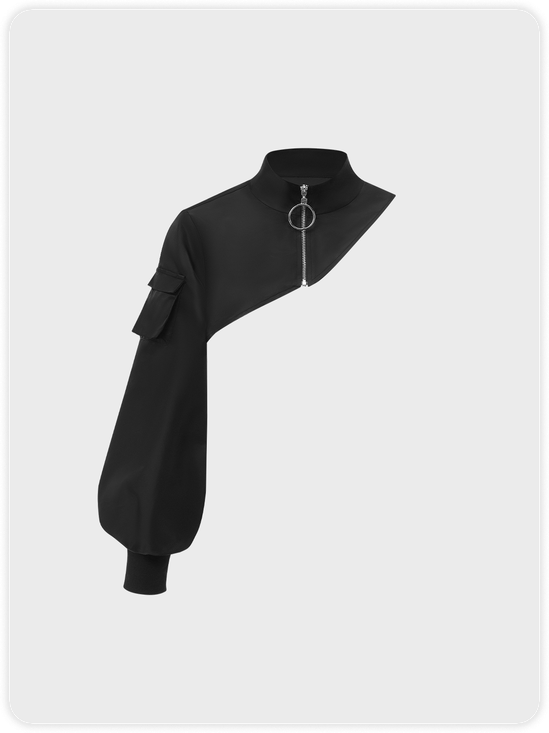 Street Black Zip Up Asymmetrical Design Pockets Top Outwear