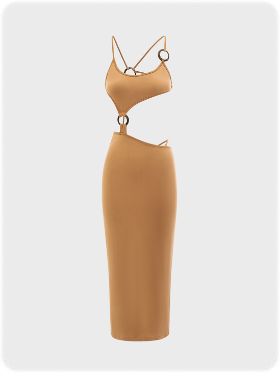 【Final Sale】Y2K Brown Asymmetrical Design Cut Out Dress Midi Dress