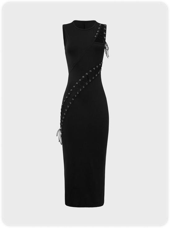Street Black Side Slit Lace Up Asymmetrical Design Dress Midi Dress
