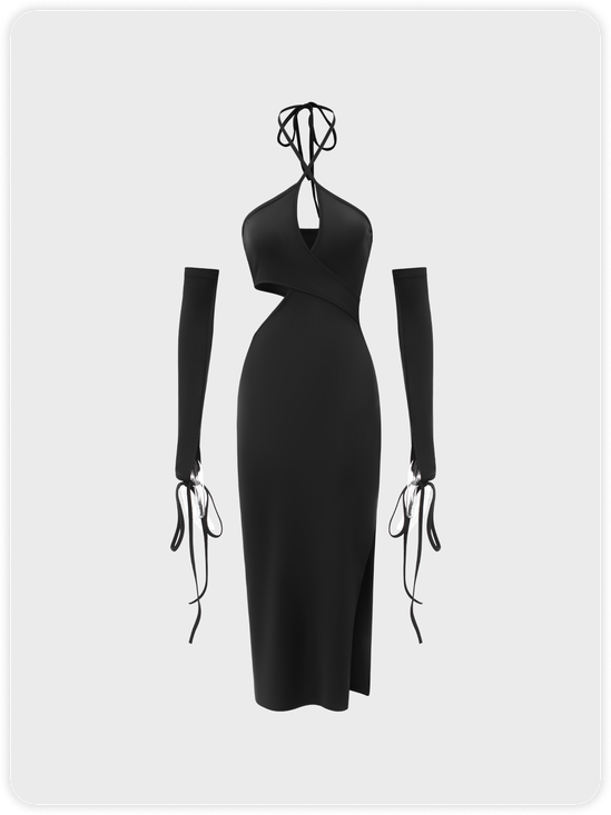 【Final Sale】Y2K Black Cut Out Side Slit Arm Sleeves Dress Midi Dress