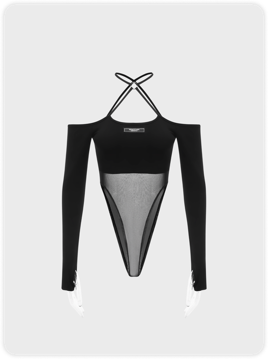 【Final Sale】Street Black Patchwork Cropped Crossed Collar Bodysuit