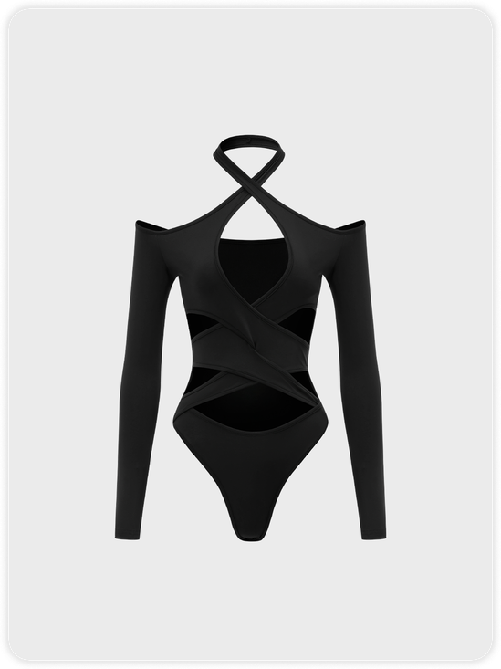 【Final Sale】Street Black Cut Out Crossed Collar Cold Shoulder Bodysuit
