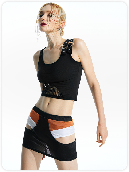 Edgy Black Patchwork Mesh Metal Top Tank Top & Cami