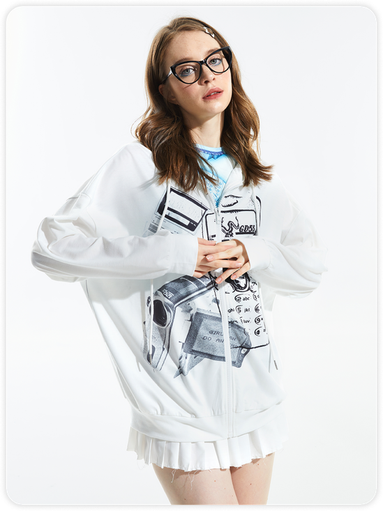 Y2K White Abstract Oversized Back To School Top Hoodie & Sweatshirt