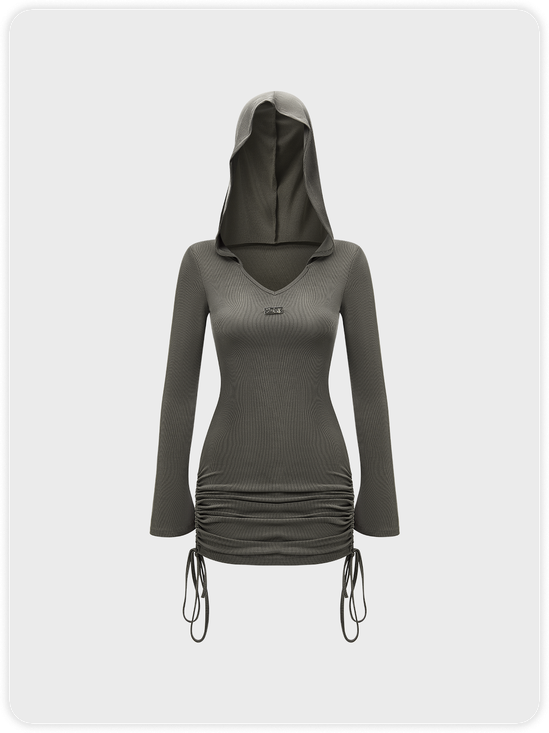 【Pre Order】Street Gray hooded drawstring Dress Mini Dress