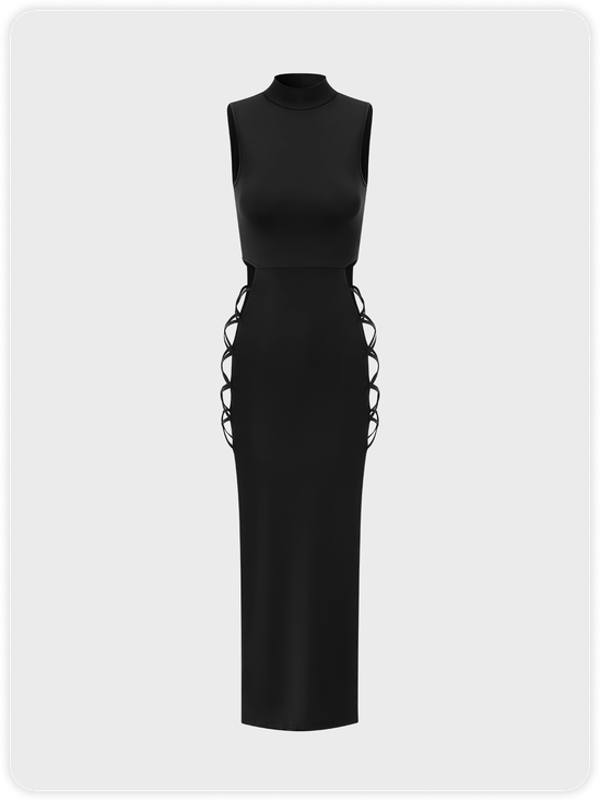 Edgy Black Cut Out Tie Up Dress Midi Dress