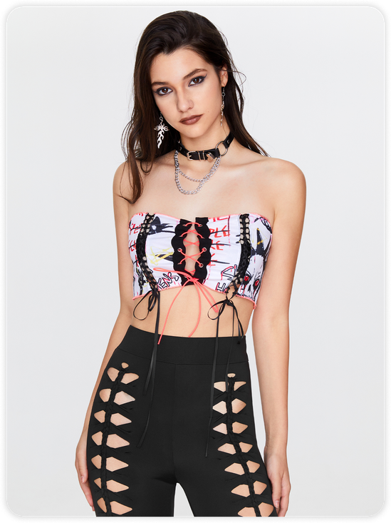 Edgy White Graffiti Lace Up Halloween Top Women Top