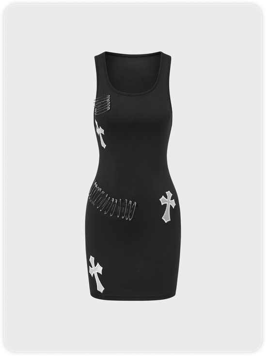 【Final Sale】Punk Black Cut Out Metal Chain Dress Mini Dress