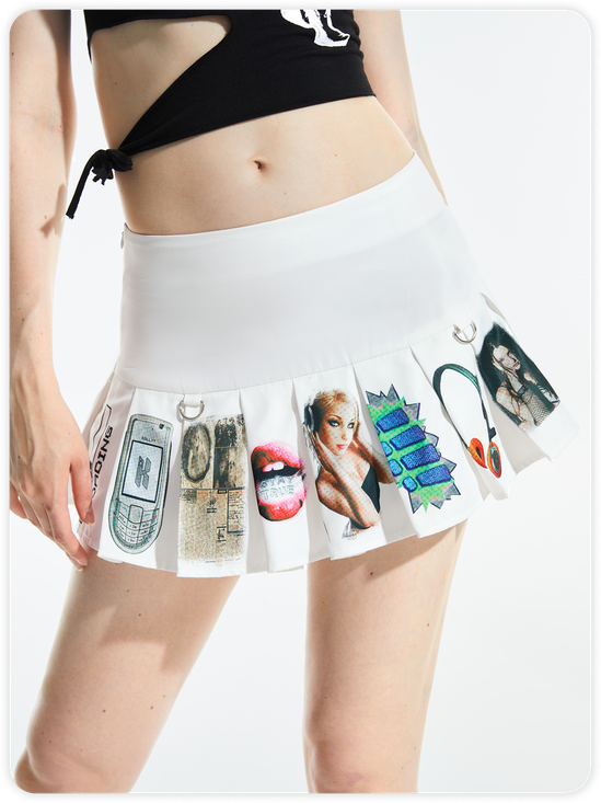 Y2K White Pleated Cartoon Back To School Bottom Skirt