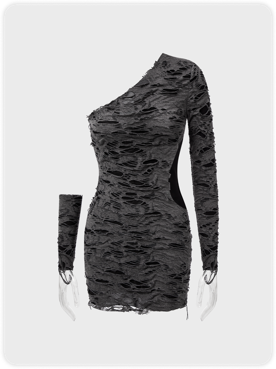 【Final Sale】Punk Gray Ripped One Shoulder Halloween Dress Mini Dress
