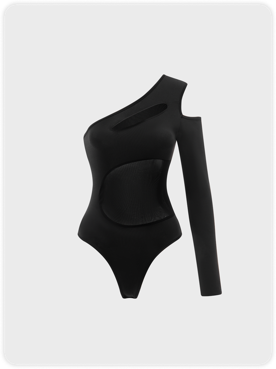 Edgy Black Mesh Asymmetrical Design Halloween Top Bodysuit