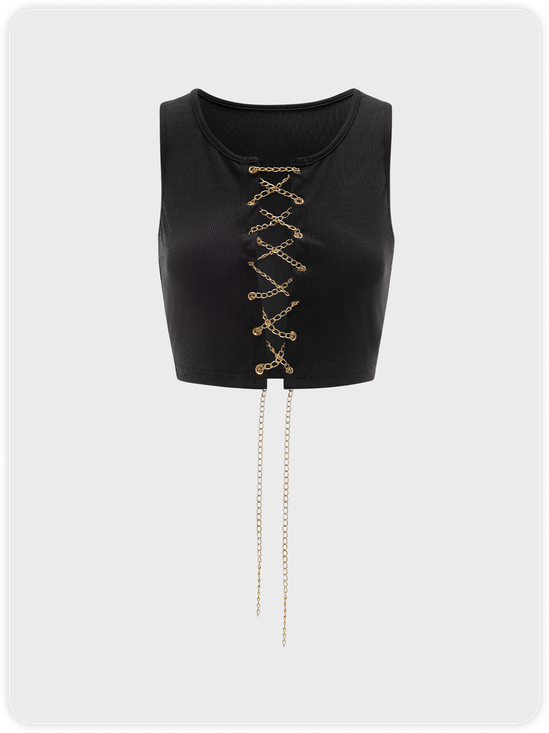 Street Black Metal Chain Lace Up Top Tank Top & Cami