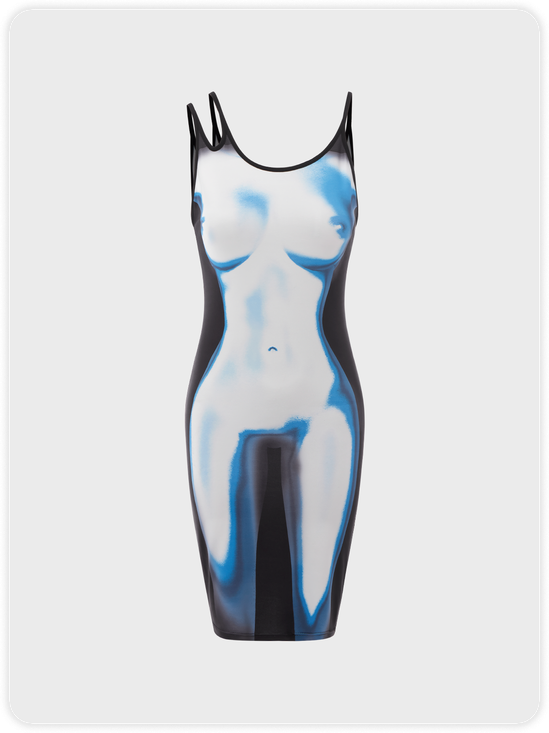 Y2K Blue Body Print Asymmetrical Design Dress Mini Dress