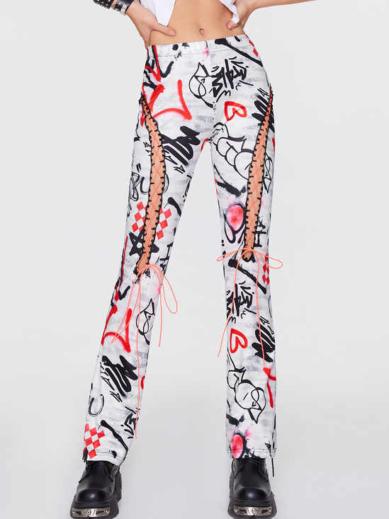 【Final Sale】Punk White Lace-Up Design Graffiti Halloween Bottom Pants