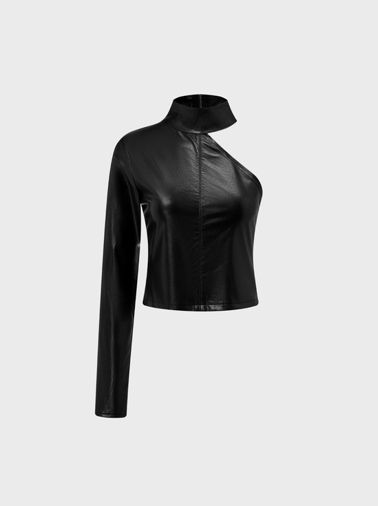 【Final Sale】Street Black Asymmetrical Design Leather Top Women Top
