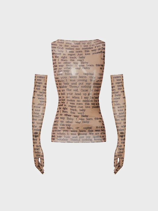 Y2K Khaki Mesh Letter Arm Sleeves Party Top Women Top