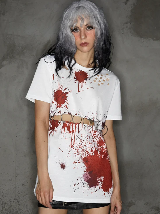 Punk White Graffiti Metal Cut Out Halloween Top T-Shirt