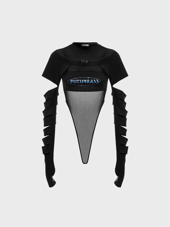 【Final Sale】Edgy Black Graphic Patchwork Cut Out Bodysuit
