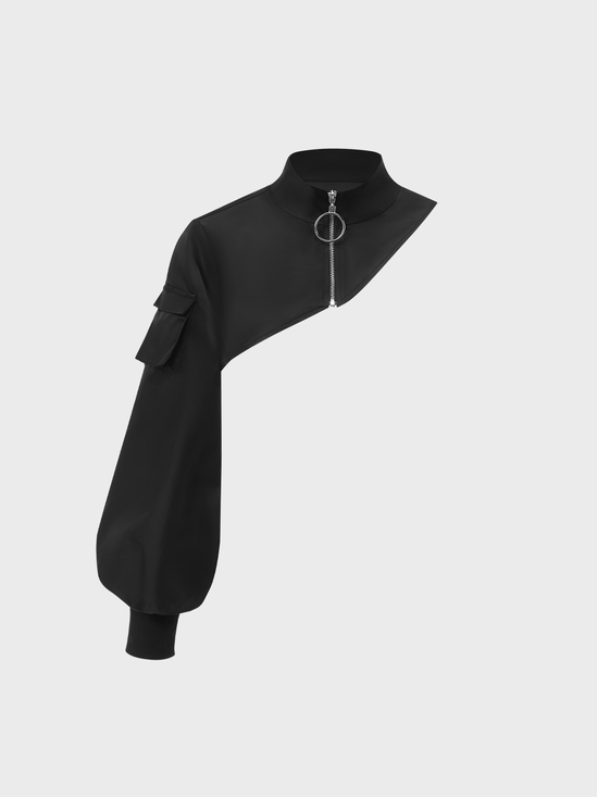【Final Sale】Street Black Zip Up Asymmetrical Design Pockets Top Outwear