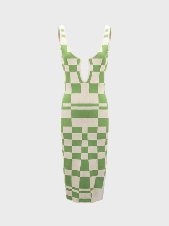 【Final Sale】Y2K Vacation Green Spaghetti Strap Sleeveless Geometric Design Vocation Dress