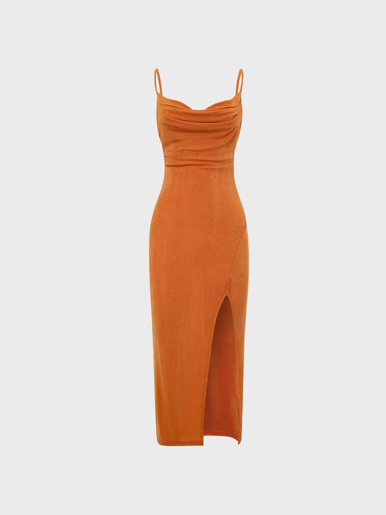 Street Orange Split Spaghetti Strap Vocation Dress Midi Dress