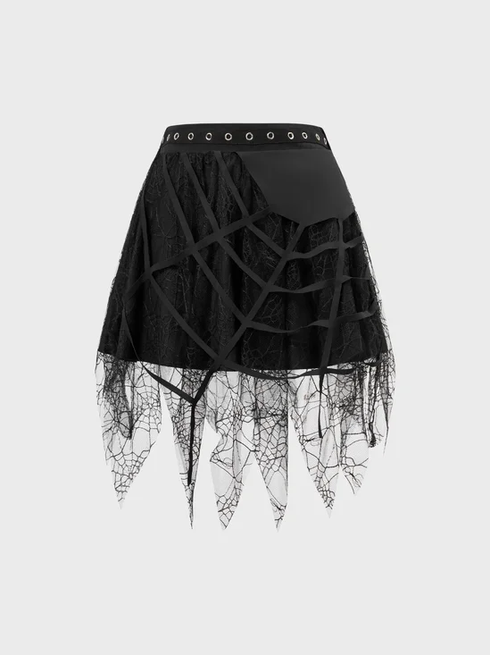 【Final Sale】Punk Black Double Layer Irregular Hem Halloween Bottom Skirt