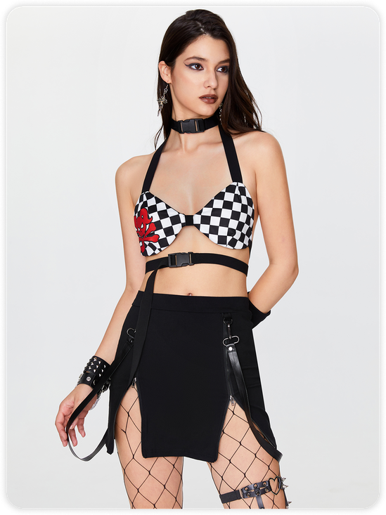 Punk Black Plaid Skull Removable Straps Top Tank Top & Cami