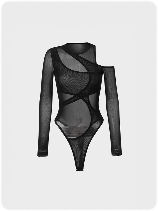 Edgy Black Mesh Asymmetrical Design Arm Sleeves Top Bodysuit