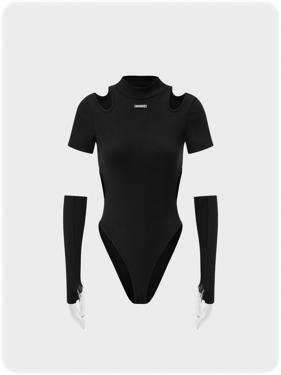 Edgy Black Cut Out Asymmetrical Design Cyberpunk Top Bodysuit