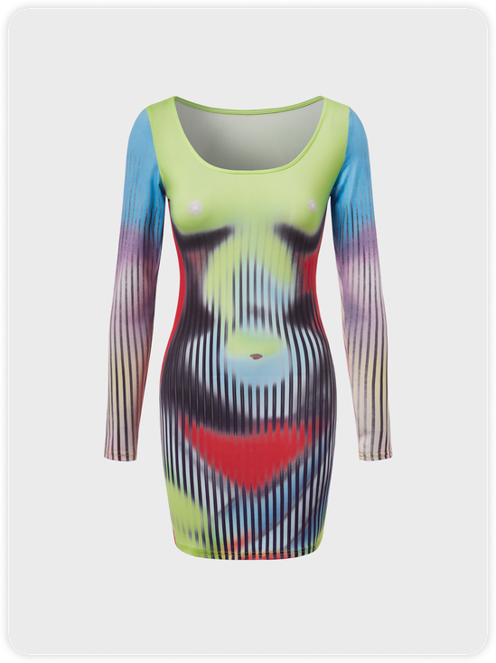 Edgy Multicolor Body Print Dress Mini Dress
