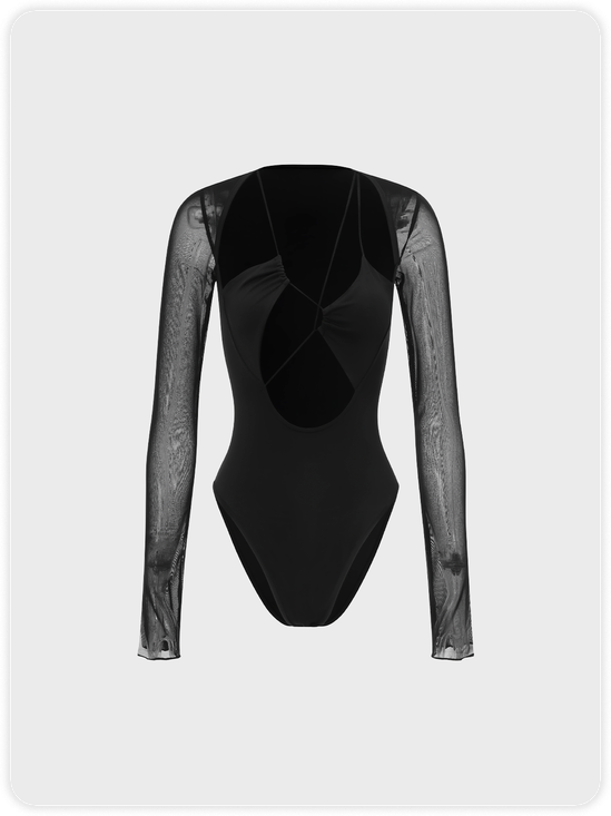 【Final Sale】Street Black Patchwork Mesh Lace Up Bodysuit