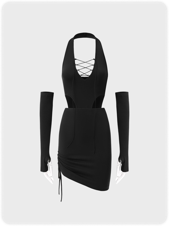 【Final Sale】Edgy Black Lace Up Arm Sleeves Drawstring Dress Mini Dress