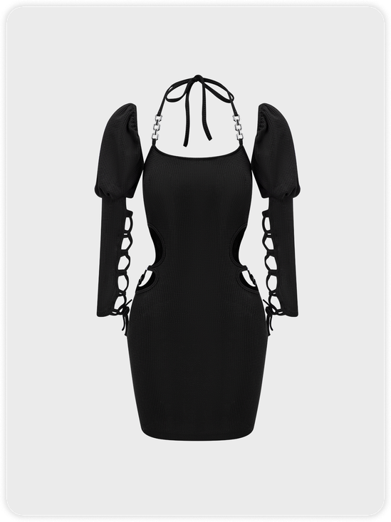 【Final Sale】Edgy Black Cut Out Lace Up Halter Dress Mini Dress