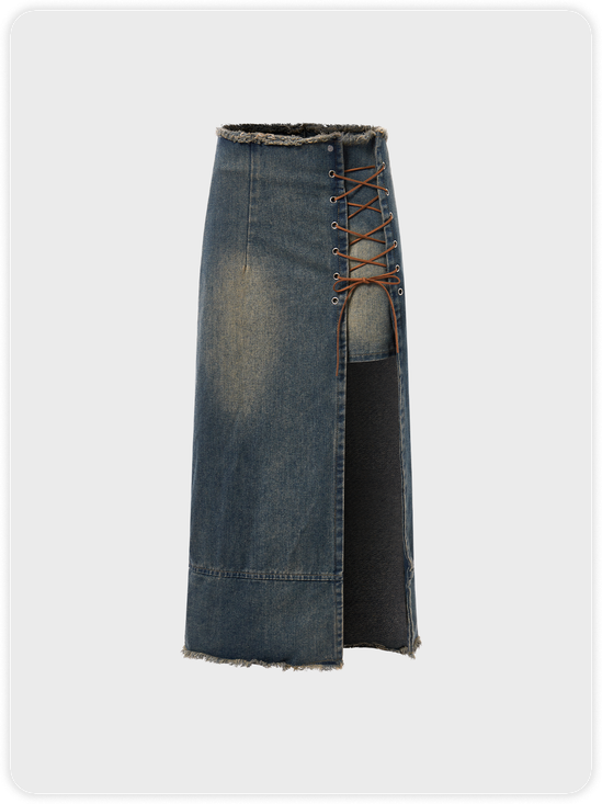 Y2k Blue Denim Side slit Lace up Bottom Skirt