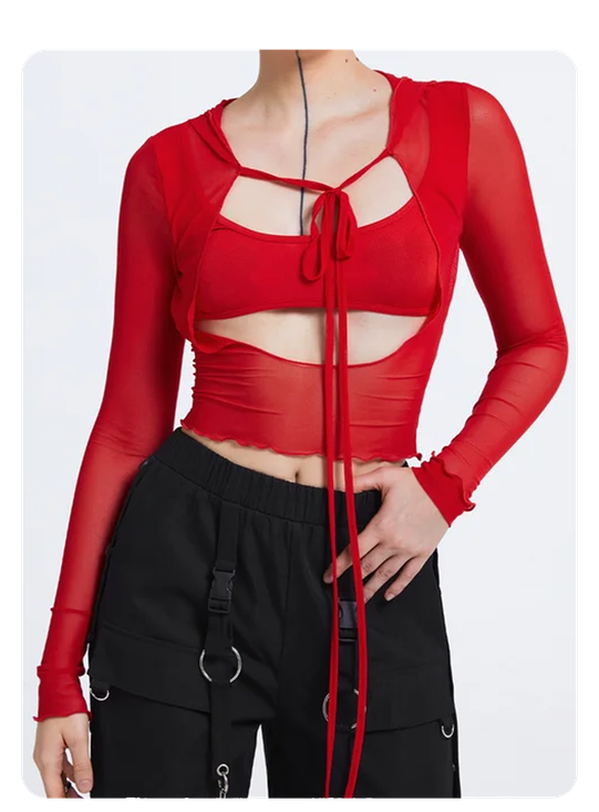 Edgy Red Mesh Cut Out Tie Up Top Women Top