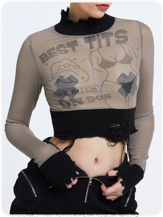 Edgy Khaki Patchwork Mesh Top Women Top