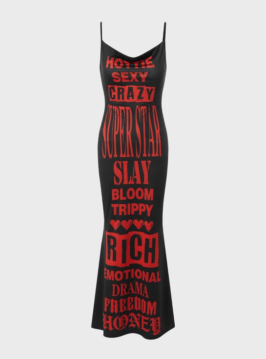 【Final Sale】Edgy Black Letter Mermaid Dress Party Dress Midi Dress