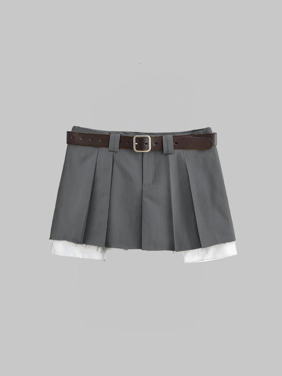 Y2K Black Sleated Ouble Layer Belt Bottom Skirt