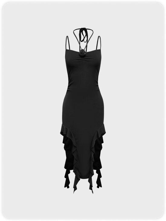 【Final Sale】Y2k Black Ruffles Wrinkle Party Dress Midi Dress