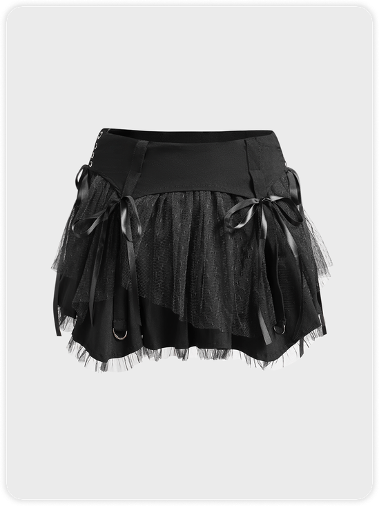 Punk Black Sleated Lace up Bottom Skirt