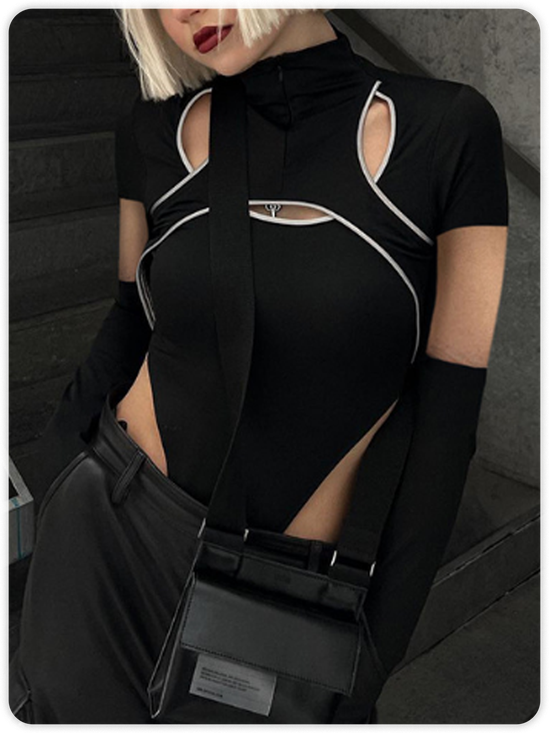 【Final Sale】Street Black Cut out Color block Bodysuit