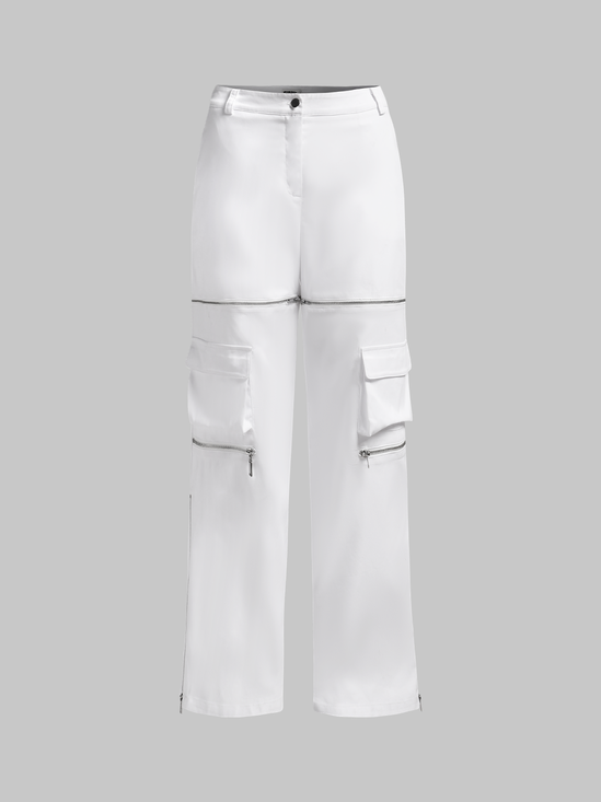 【Final Sale】Street White Pockets Zip up Bottom Pants