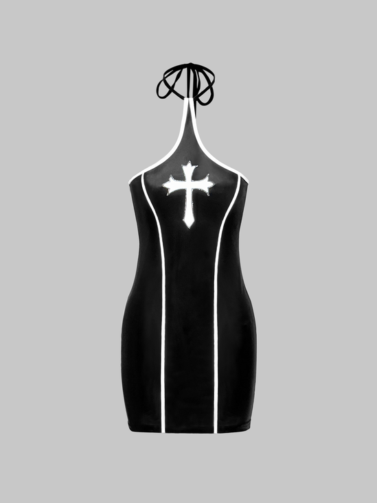 【Final Sale】Punk Black Color block Reflective Dress Mini Dress
