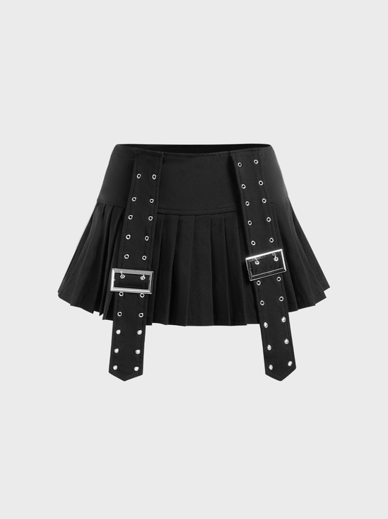 【Final Sale】Sleated Belt Plain Short Skirt