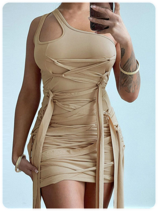 Asymmetrical Lace Up One Shoulder Plain Sleeveless Short Dress