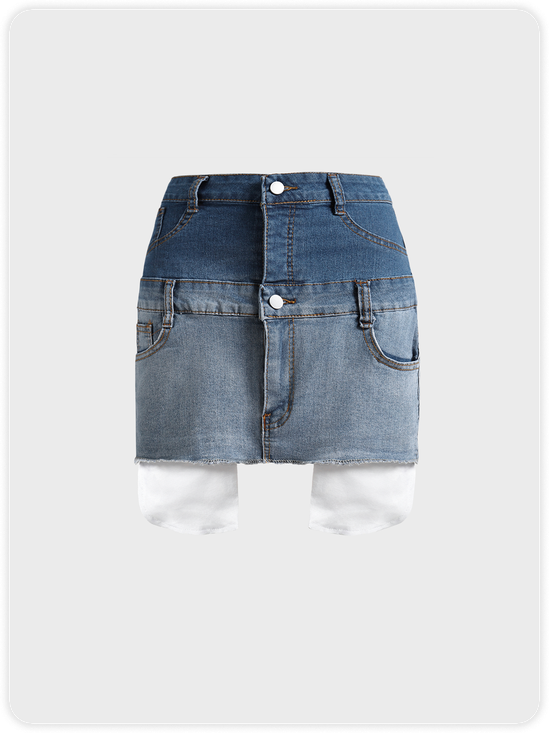 Color Block Denim Short Skirt