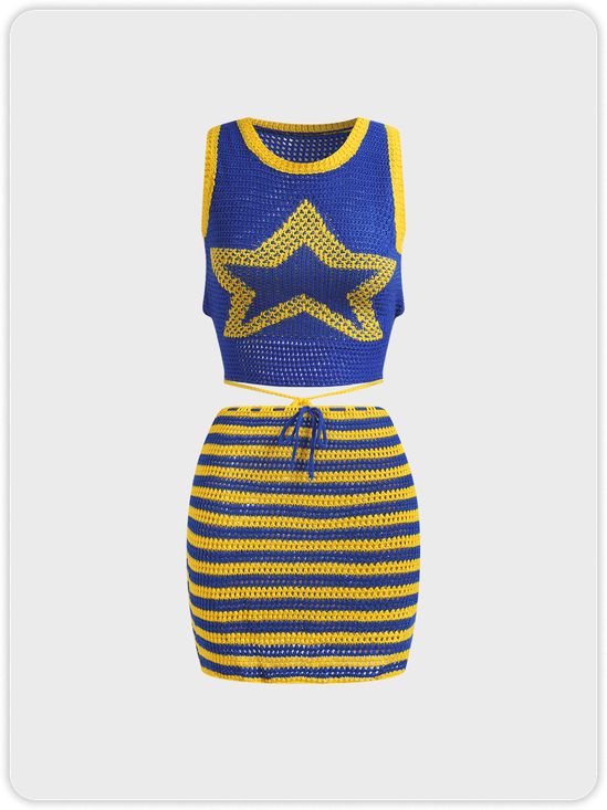 Knitted Hollow Out Striped Top With Skirt Set