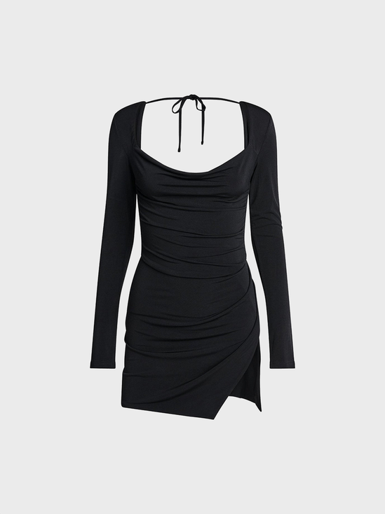 【Final Sale】Square Neck Plain Long Sleeve Short Dress